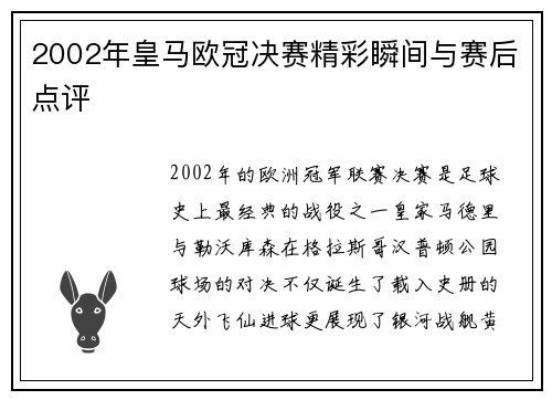 2002年皇马欧冠决赛精彩瞬间与赛后点评